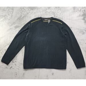 Vintage Claiborne Sweater Mens M Dark Blue Green Stripes V-Neck Pullover Preppy